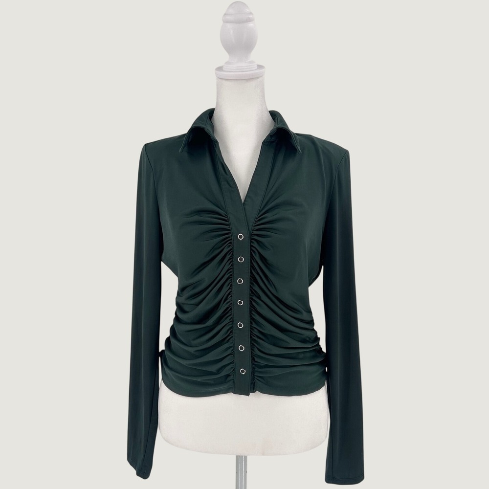 ASTR the Label Rowella Hunter Green Ruched Snap Front Long Sleeve Top Size M